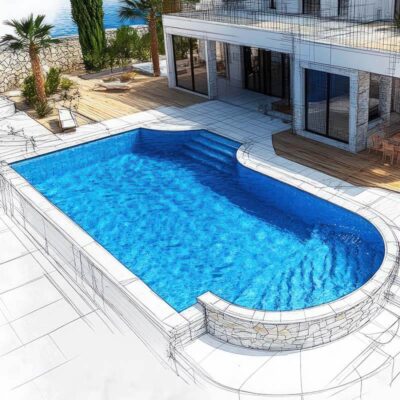 Coastal Villa Design Showing Pool and Landscaping A digital rendering shows a luxury coastal villa design complete with a swimming pool, patio, and landscaping, partially overlaid with architectural sketches.
